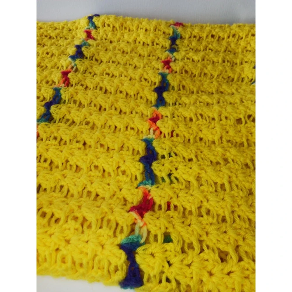 Handmade Crochet Blanket‎ Afghan Throw Lap Yellow / Rainbow Colors 54